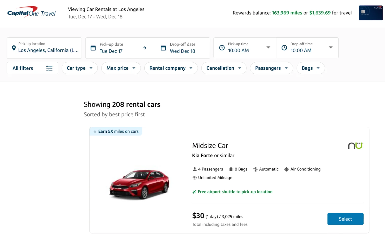 Screenshot of Capital One Travel rental car search results in Los Angeles, showing a midsize Kia Forte for $30 per day or 3,025 miles