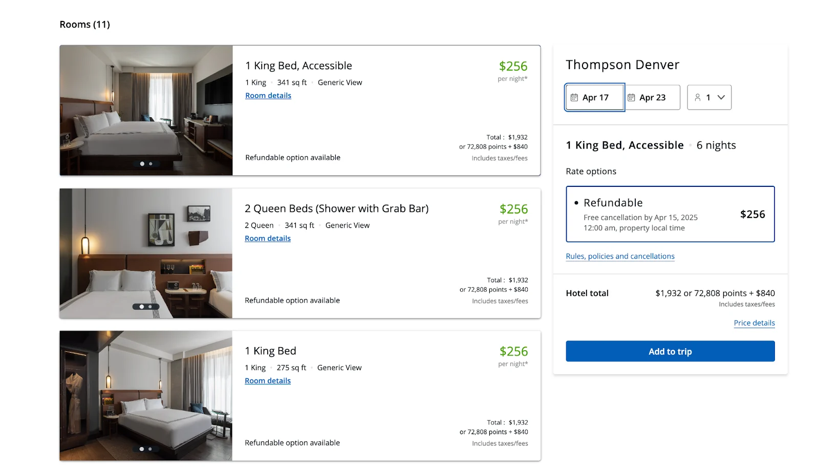 Screenshot of the Chase Travel portal room selection page for the Thompson Denver, listing king and queen rooms at $256 per night.