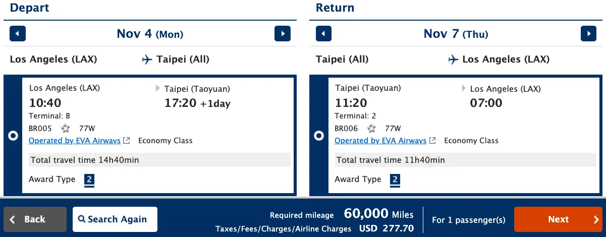 ANA award booking result showing a round-trip Los Angeles to Taipei itinerary operated by EVA Airways priced at 60,000 miles