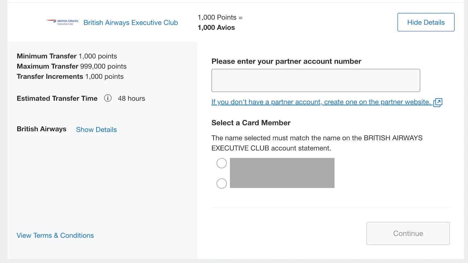 Screenshot of an American Express Membership Rewards transfer page to British Airways Executive Club Avios