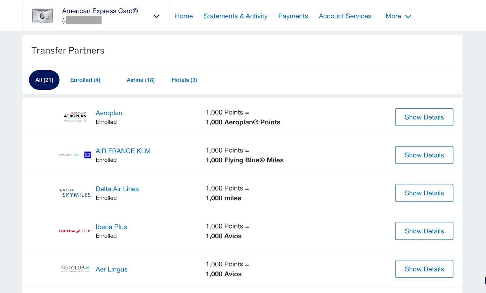 Screenshot of an American Express Membership Rewards transfer partners list including Aeroplan, Air France KLM, Delta, Iberia, and Aer Lingus