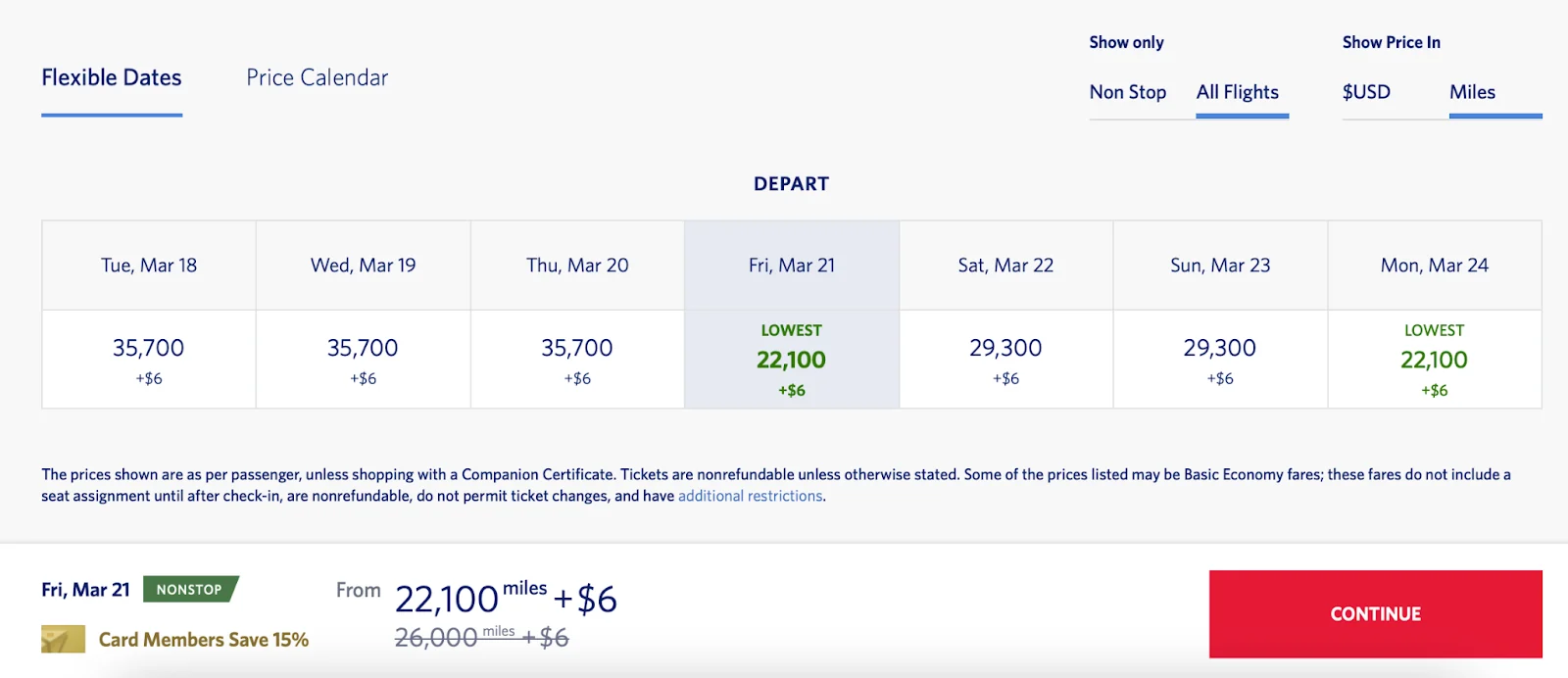 Screenshot of a Delta.com flexible dates calendar showing daily award prices in miles, with the lowest fare at 22,100 miles plus $6.