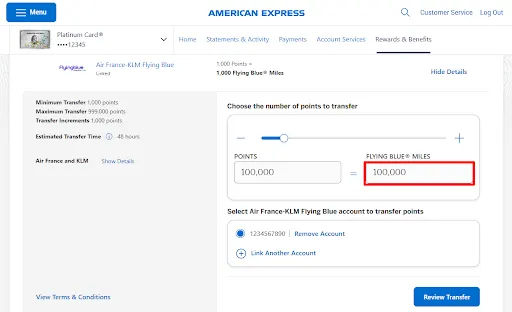 Screenshot of Step 4 in the AMEX rewards points transfer process. This is where you enter the number of miles you want in the program under Miles, not the number of points from the AMEX side.