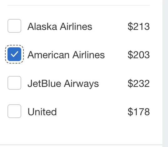Screenshot of airline filter checkboxes on Amex Travel, with American Airlines selected