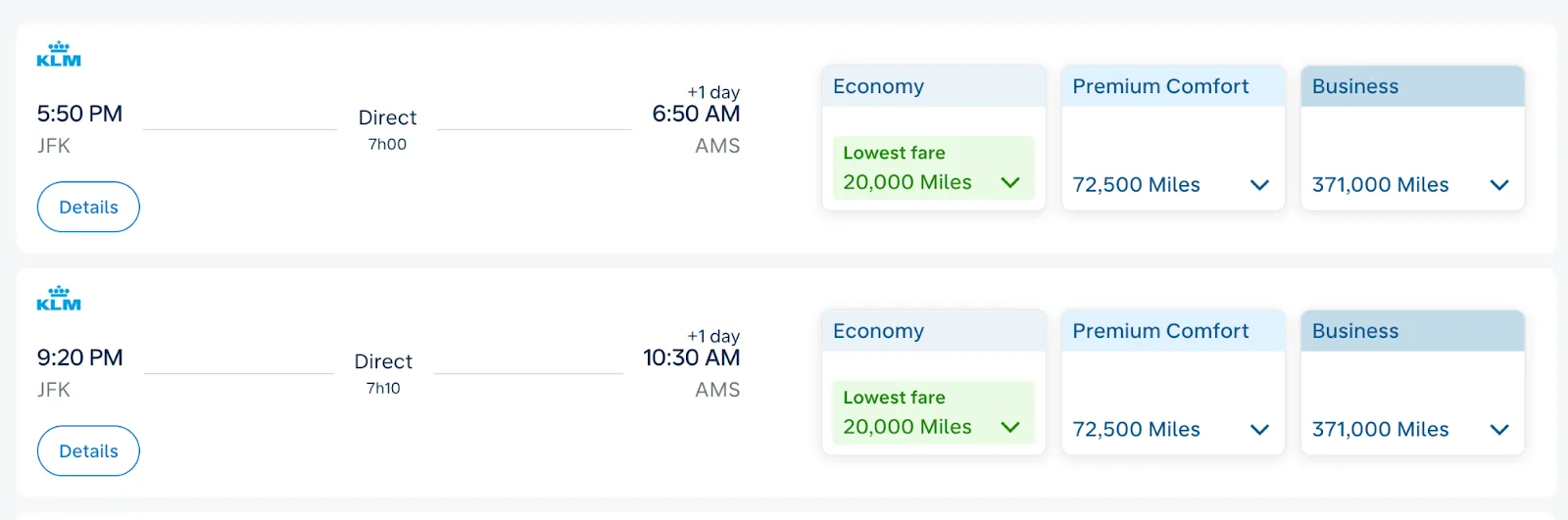 Screenshot of a KLM award search for a direct JFK to Amsterdam flight priced from 20,000 miles in Economy to 371,000 miles in Business