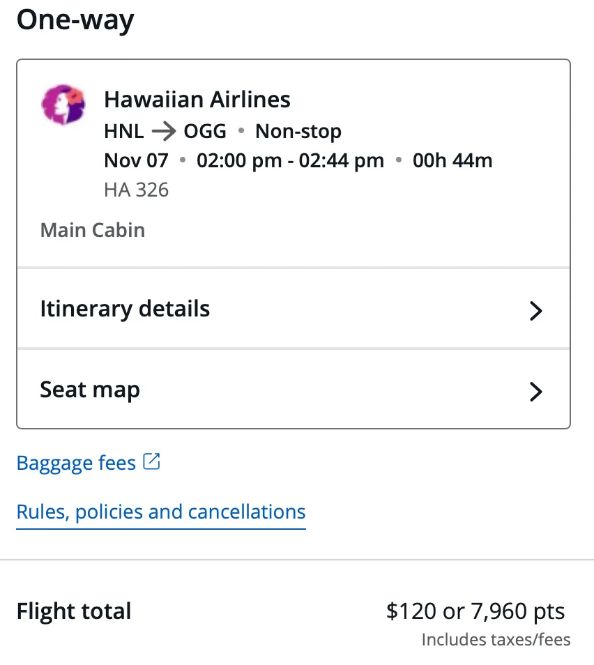 Screenshot of a Hawaiian Airlines one-way booking page for a Honolulu to Maui flight, showing itinerary details, seat map, and a flight total of $120 or 7,960 points