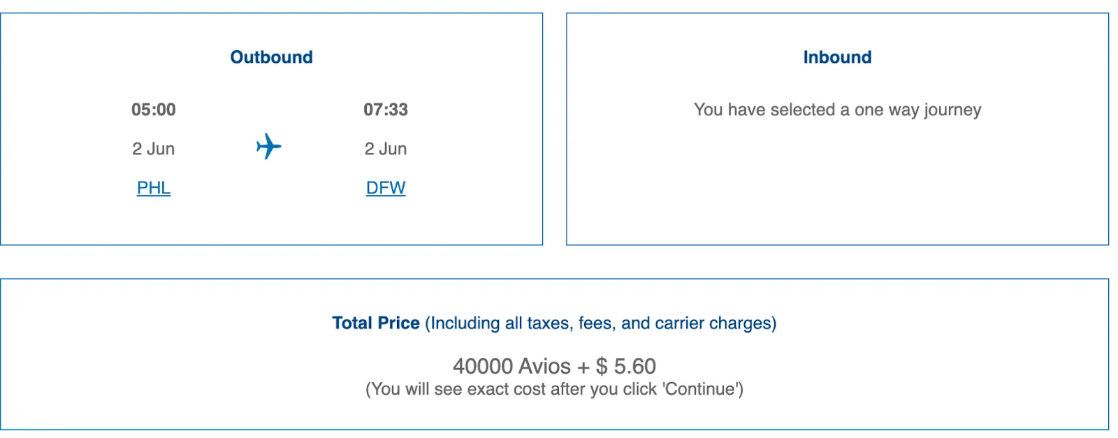 Screenshot of a British Airways Avios booking showing a Philadelphia to Dallas flight priced at 40,000 Avios plus $5.60