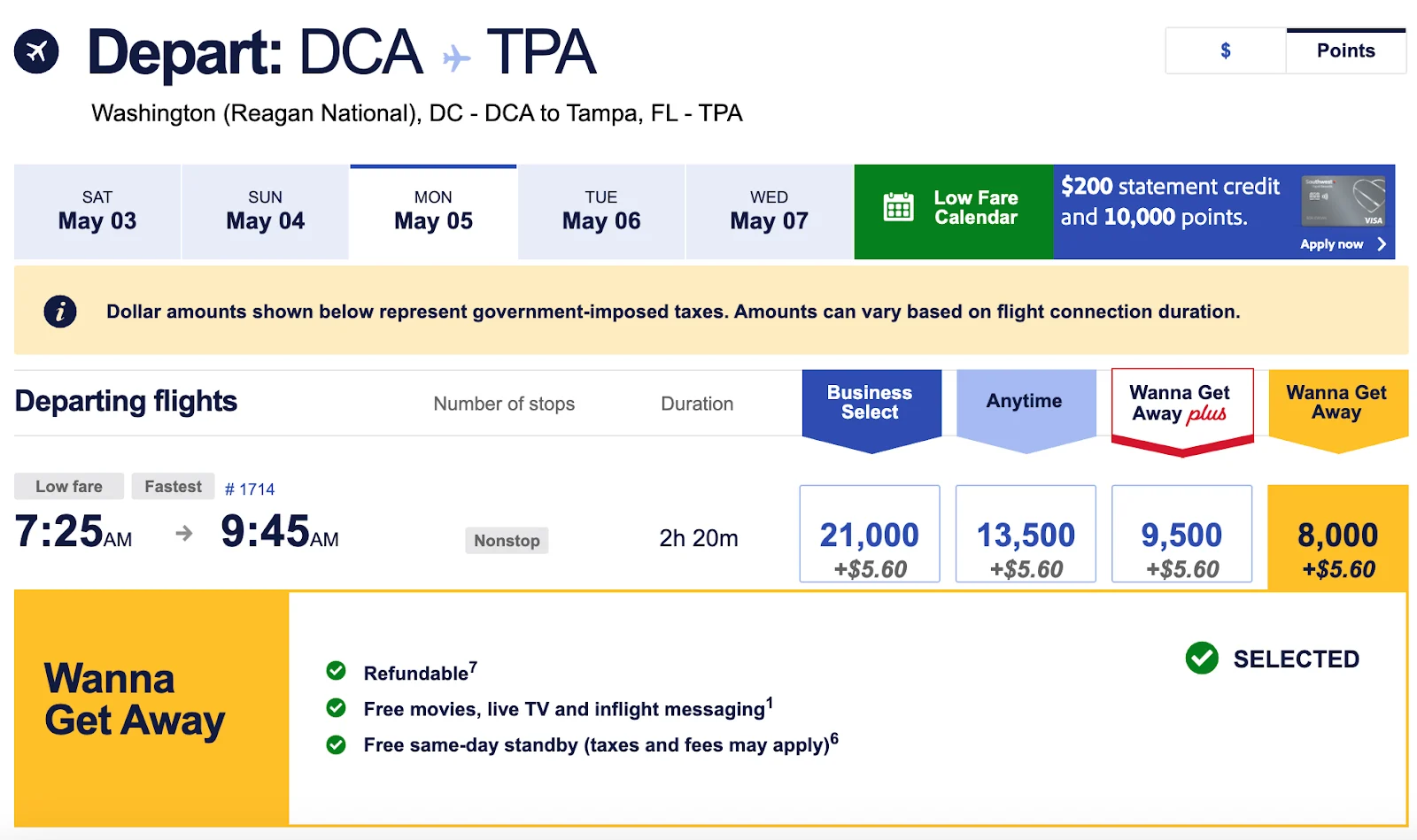 Screenshot of Southwest Airlines fare options for a Washington to Tampa flight with Wanna Get Away selected at 8,000 points