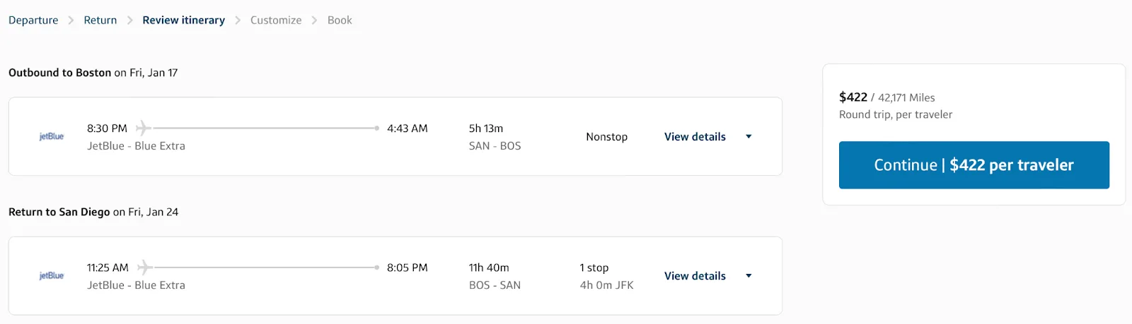 Screenshot of a Capital One Travel itinerary review for a JetBlue San Diego to Boston round trip priced at $422 or 42,171 miles