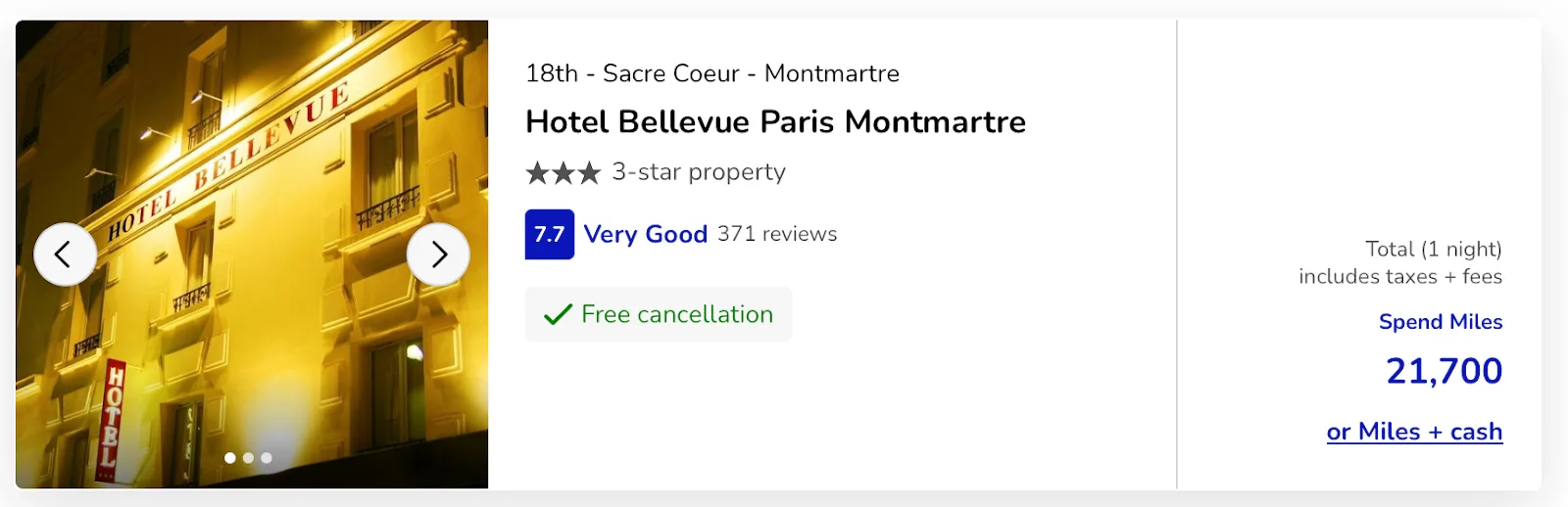 Screenshot of an Air France-KLM Flying Blue hotel booking for the Hotel Bellevue Paris Montmartre, priced at 21,700 miles for one night.