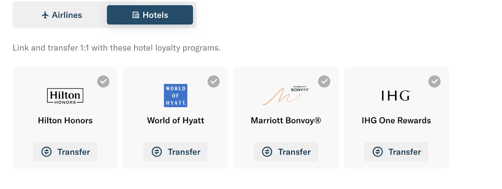 Screenshot of the Bilt Rewards hotel transfer partners, including Hilton Honors, World of Hyatt, Marriott Bonvoy, and IHG One Rewards.