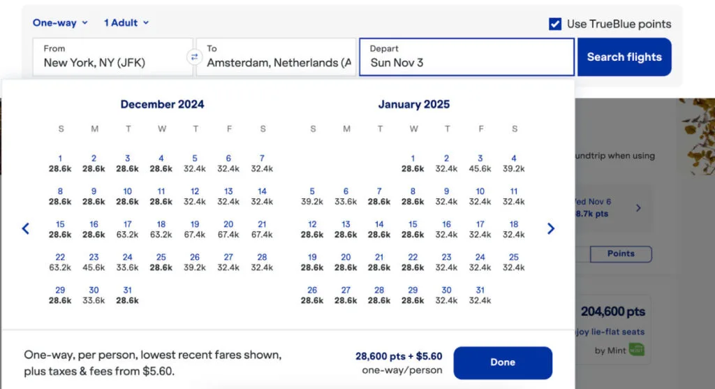 JetBlue flight search calendar showing TrueBlue points pricing by date for a New York to Amsterdam flight