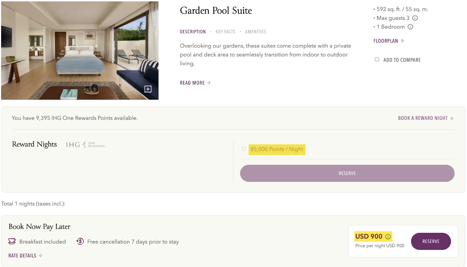 Screenshot of an IHG hotel booking page for a Garden Pool Suite, showing a redemption rate of 85,000 points per night or $900 cash.