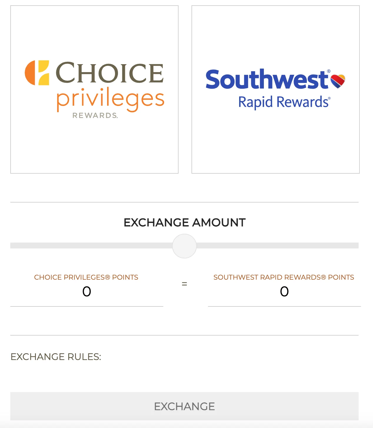 Marriott Bonvoy points exchange screen showing the Choice Privileges and Southwest Rapid Rewards logos with an exchange amount slider