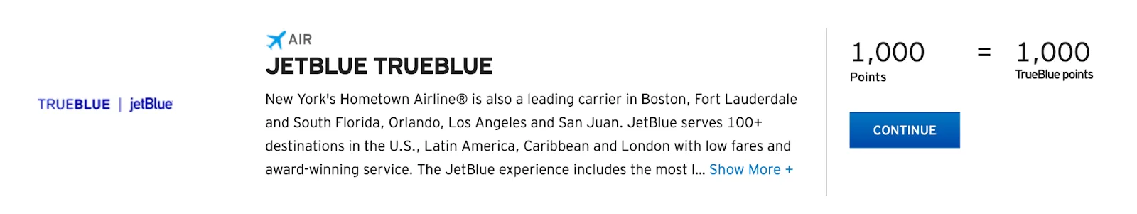 Screenshot of a Citi ThankYou transfer partner listing showing a 1:1 transfer ratio to JetBlue TrueBlue.