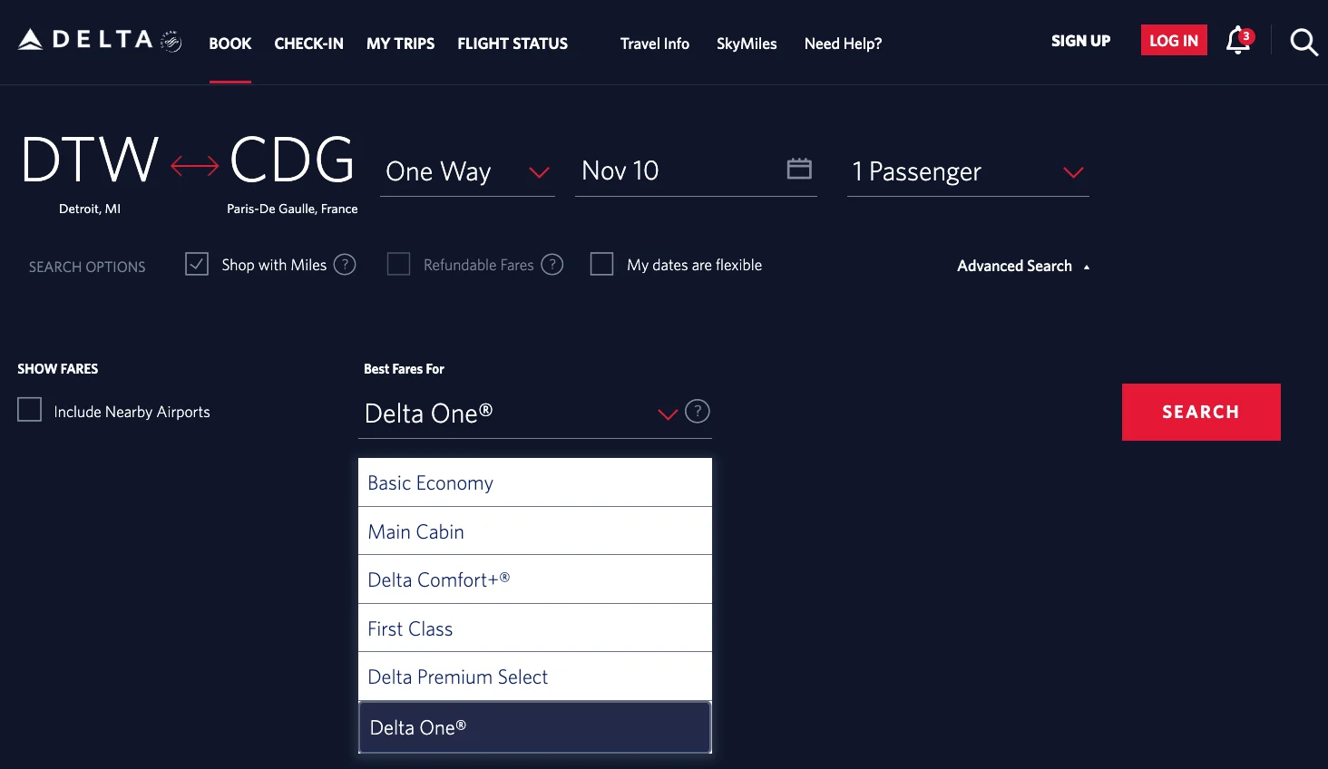 Screenshot of the Delta.com homepage flight search set to Detroit to Paris one-way with the Delta One cabin selected