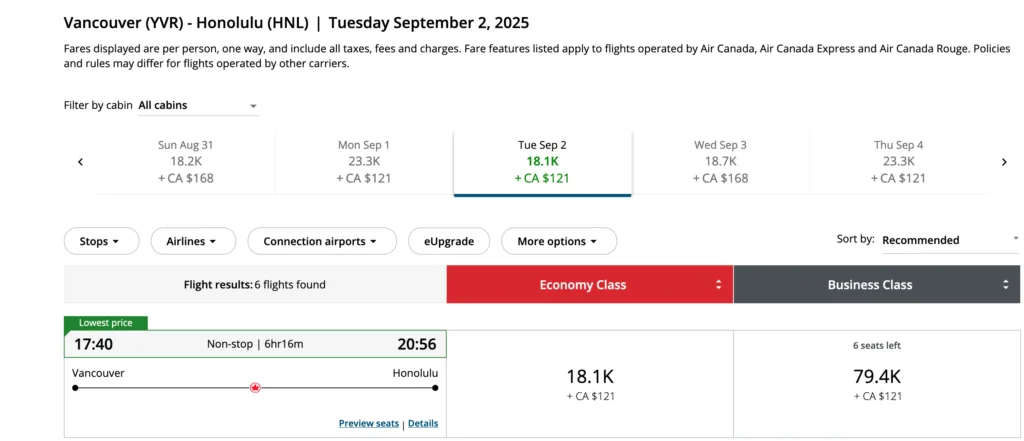 Screenshot of an Air Canada Aeroplan award search from Vancouver to Honolulu, showing economy at 18.1K points and business at 79.4K points.
