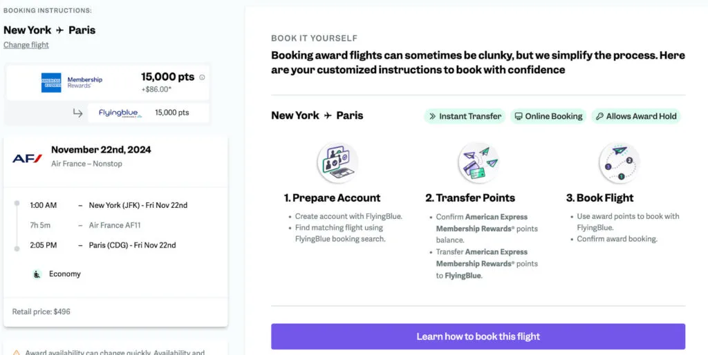 Point.me step-by-step booking instructions for transferring Amex Membership Rewards points to Flying Blue for a New York to Paris flight
