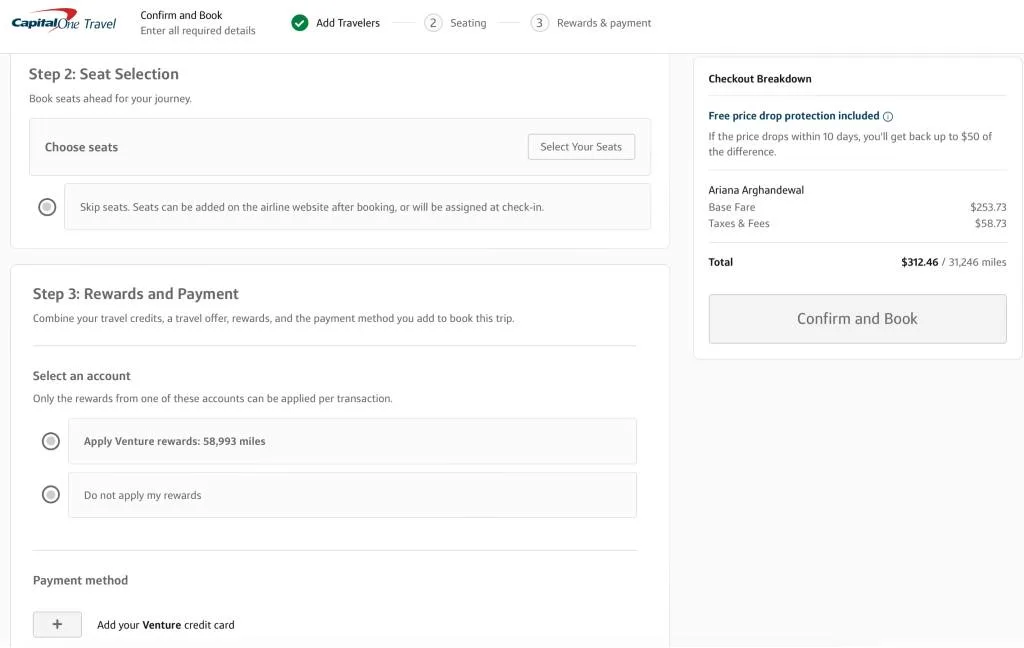 Screenshot of a Capital One Travel checkout page showing seat selection and a rewards payment option applying 58,993 Venture miles toward a $312.46 fare.