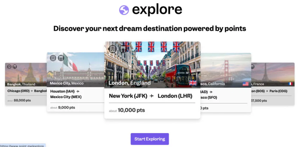 Screenshot of the point.me Explore tool showing dream destinations like London, Mexico City, and San Francisco with point prices for each route.