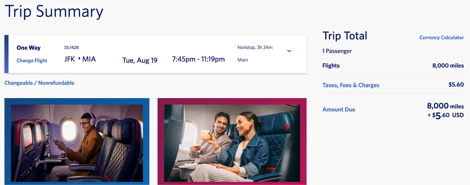 Screenshot of a Delta.com trip summary for a one-way JFK to Miami flight priced at 8,000 miles plus $5.60, with Delta cabin photos.