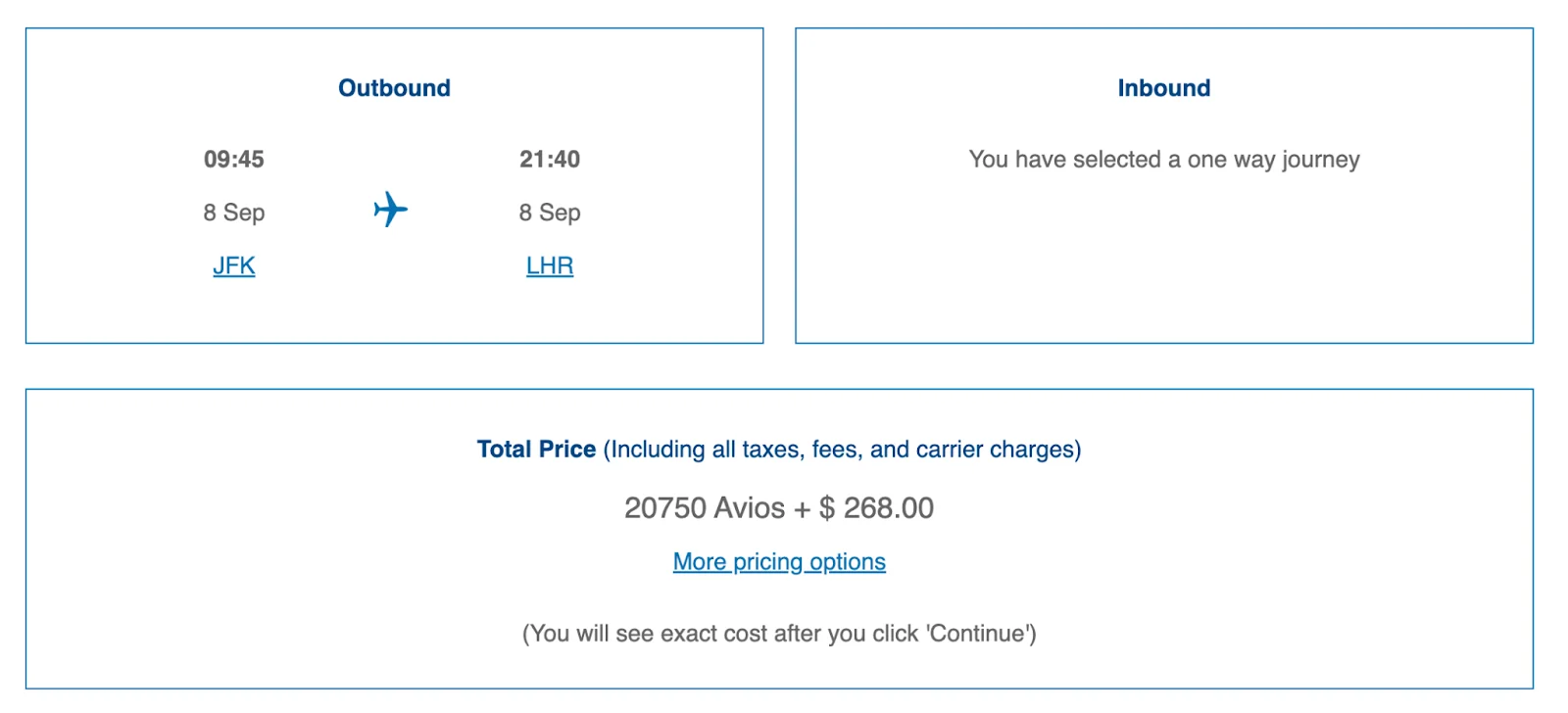 Screenshot of a British Airways Avios search showing a JFK to London Heathrow flight priced at 20,750 Avios plus $268