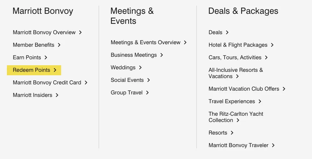 Screenshot of the Marriott Bonvoy website navigation menu with the Redeem Points link highlighted