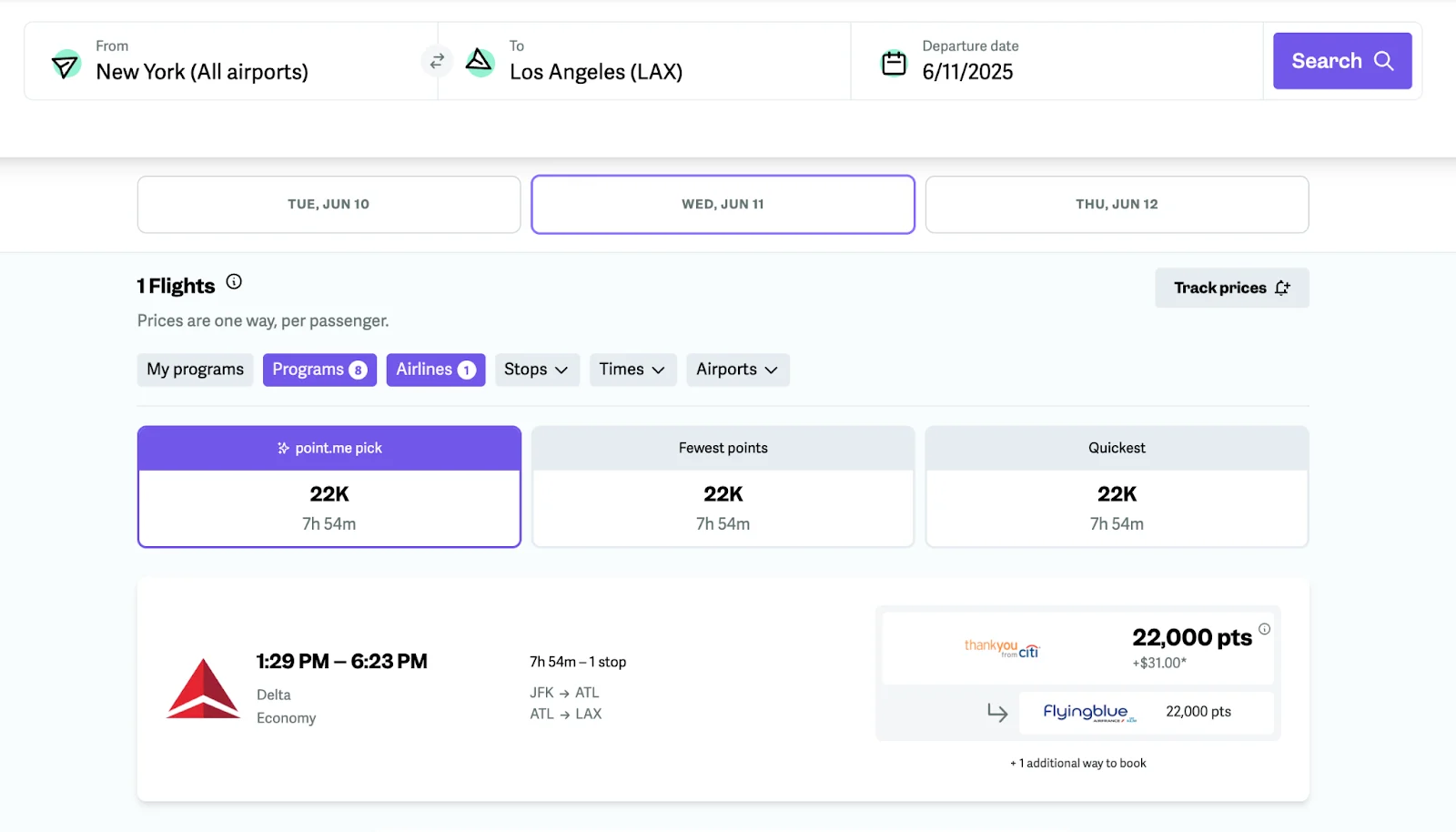 point.me flight search results for New York to Los Angeles showing a Delta economy flight bookable for 22,000 points via Citi ThankYou or Flying Blue