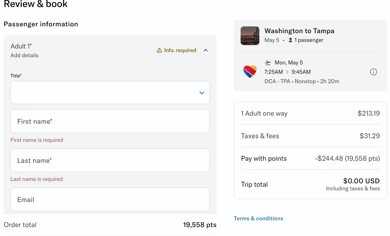 Screenshot of the Bilt travel portal review and book screen showing 19,558 points covering the full cost of a Washington to Tampa flight