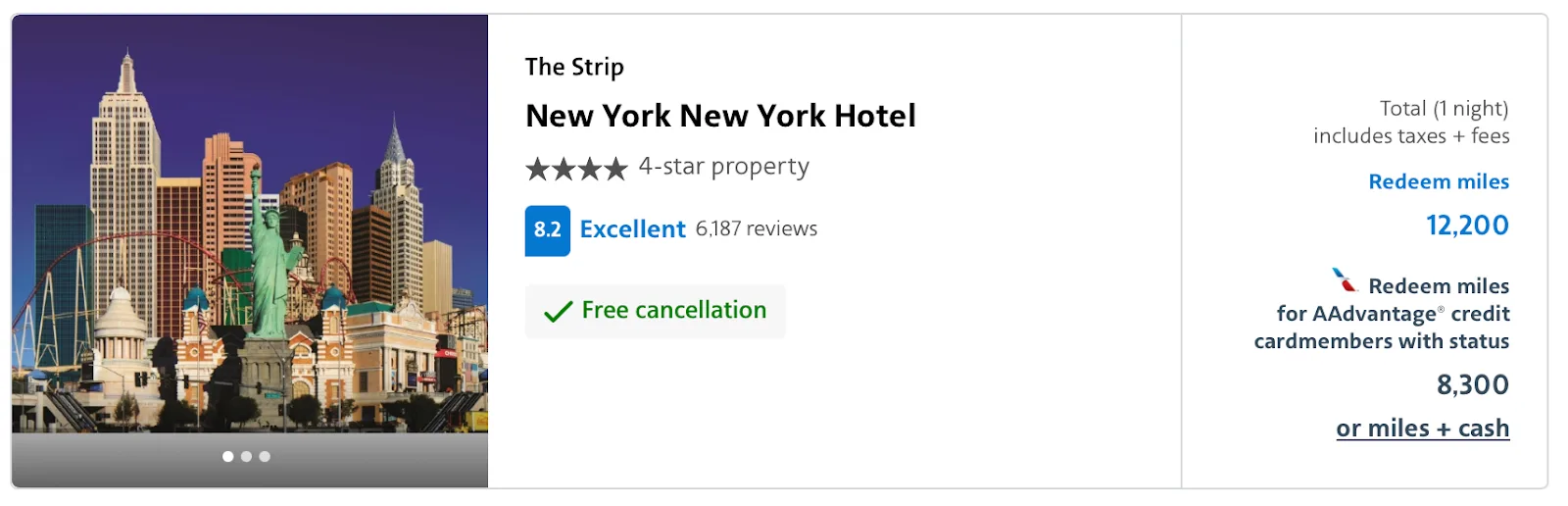 Screenshot of AA mileage pricing for New York New York Hotel in Vegas
