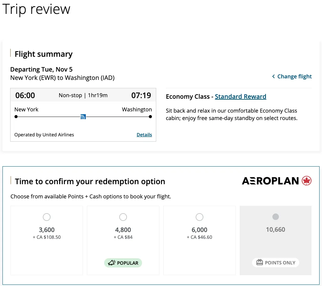 Aeroplan trip review screen for a Newark to Washington Dulles flight with points-plus-cash options starting at 3,600 points