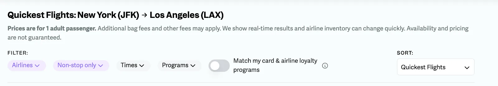 Screenshot of point.me search filters for the quickest flights from New York to Los Angeles.