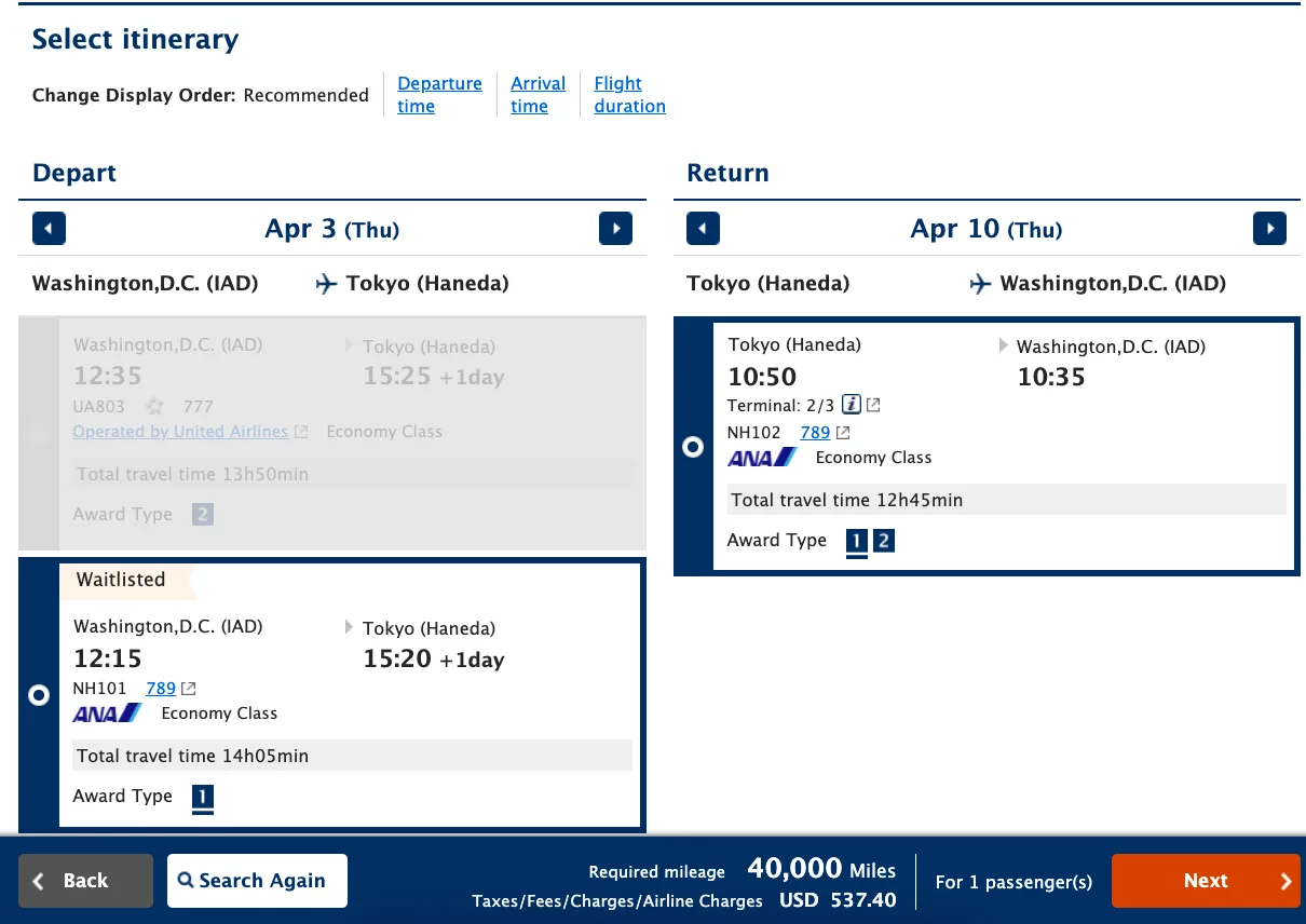 ANA award booking itinerary selection showing a Washington to Tokyo round trip on ANA and United Airlines totaling 40,000 miles