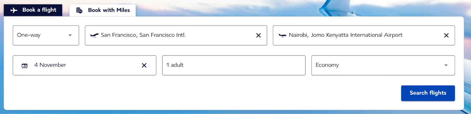 Screenshot of the Air France-KLM Flying Blue 'Book with Miles' search form for a one-way flight from San Francisco to Nairobi.