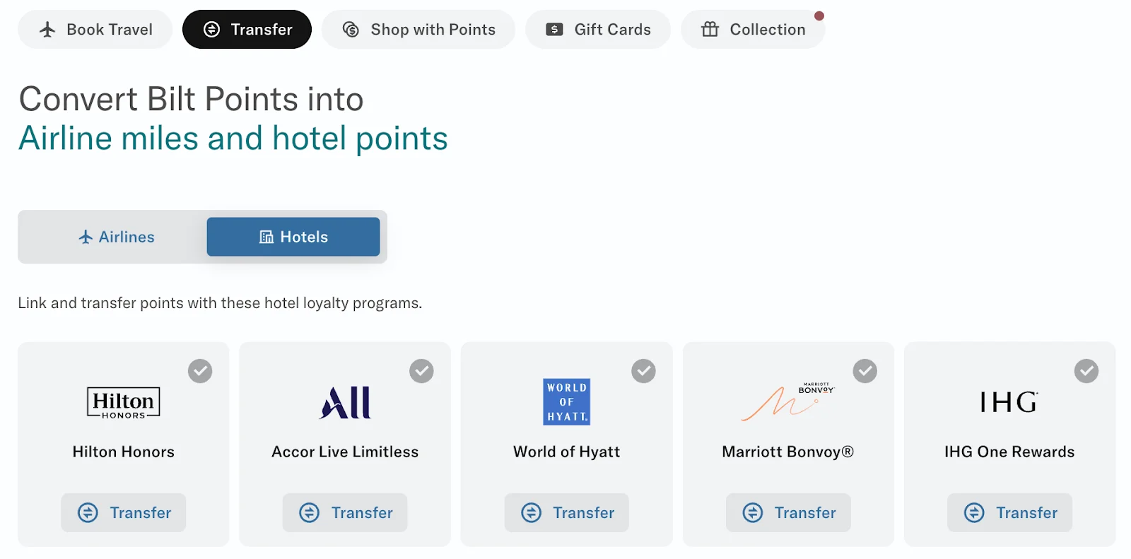 Screenshot of the Bilt Rewards points transfer page listing hotel partners including Hilton Honors, World of Hyatt, and Marriott Bonvoy