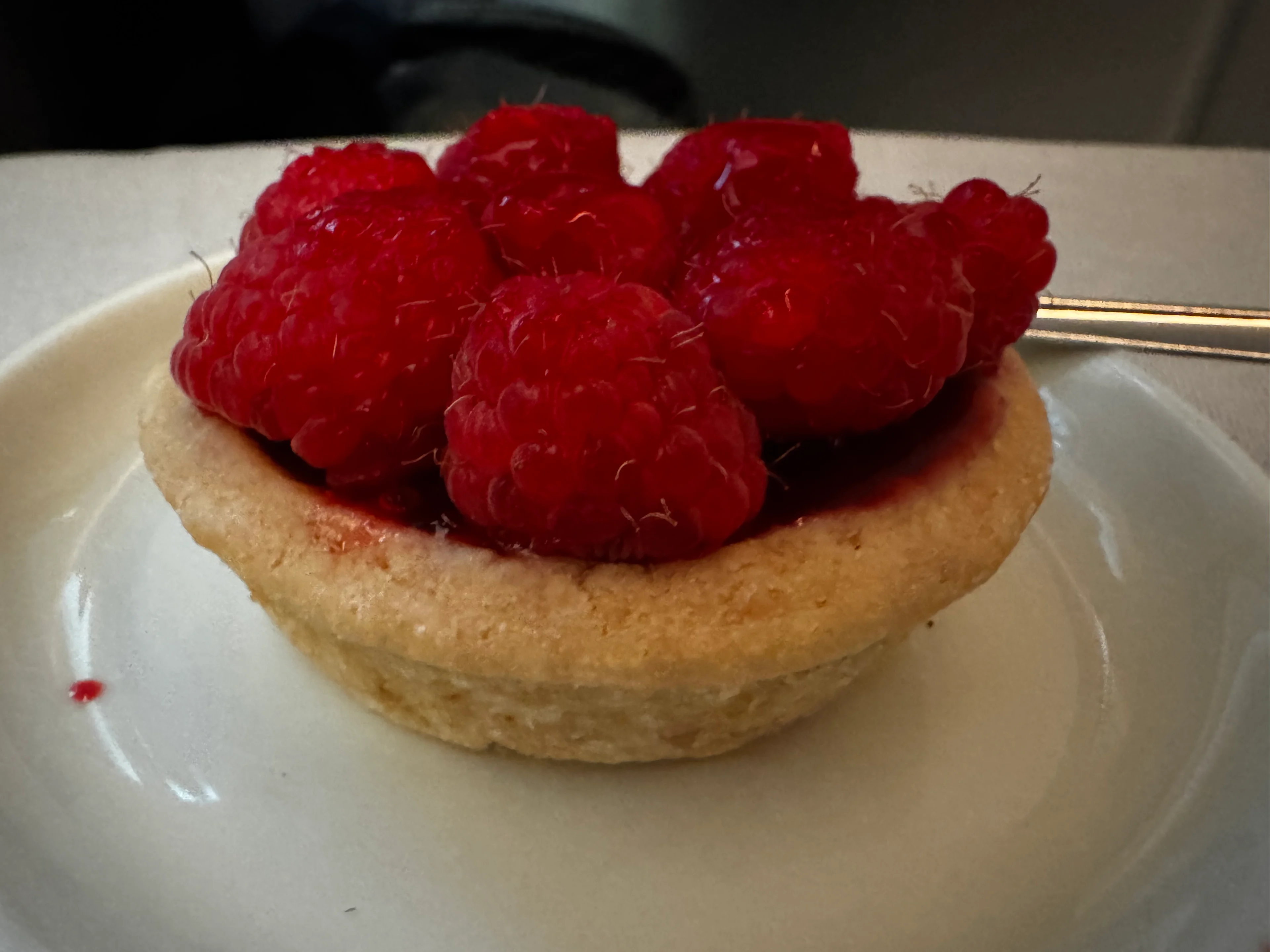 Close-up of a raspberry tart dessert served on a Finnair business class flight, topped with fresh raspberries.