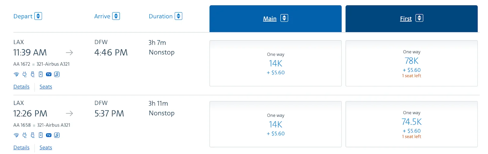 Screenshot of American Airlines flight search results for Los Angeles to Dallas, showing Main Cabin fares at 14K points and First Class from 74.5K points