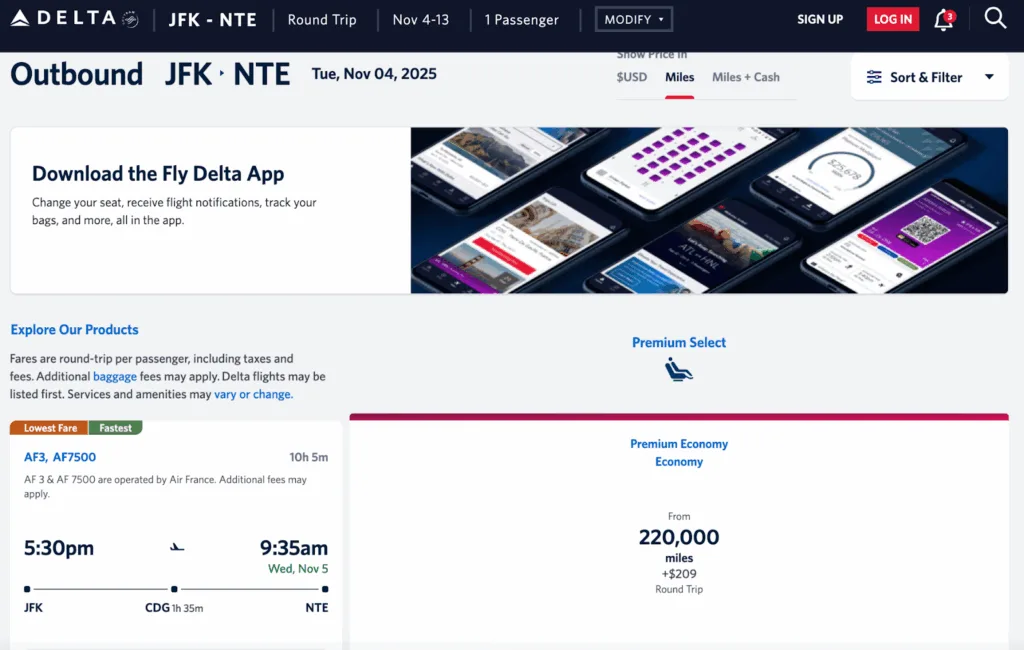 Delta.com outbound flight results for JFK to Nantes via Paris on Air France, priced from 220,000 miles in Premium Select