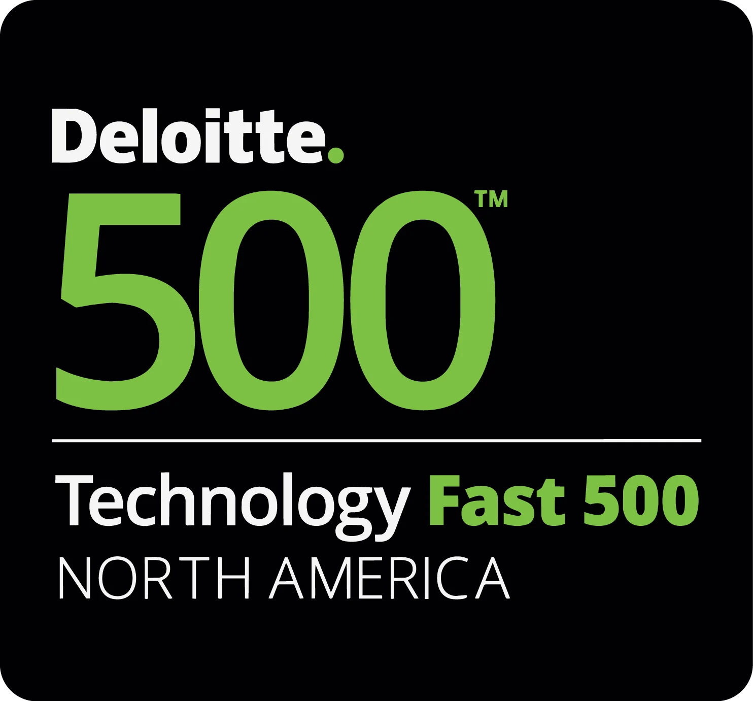 This shows a black box with the deloitte logo for their top Fast 500 Technology companies in north america, all text, awarded to point.me