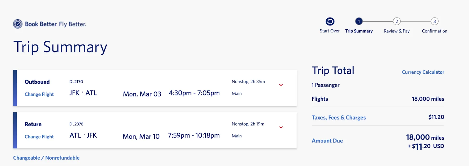 Delta.com trip summary for a round-trip JFK to Atlanta flight priced at 18,000 miles plus taxes and fees