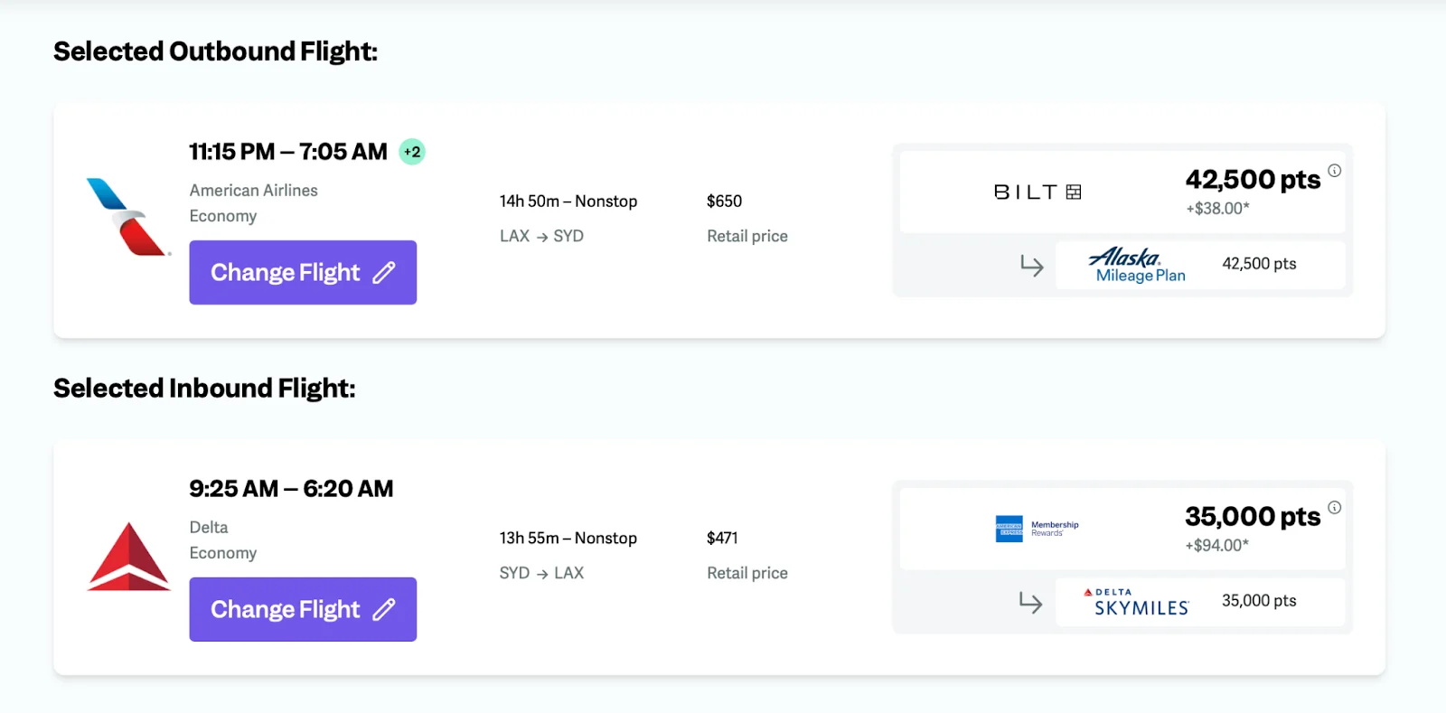 Screenshot comparing Bilt Rewards and Alaska Mileage Plan pricing for a Los Angeles to Sydney round trip on American Airlines and Delta