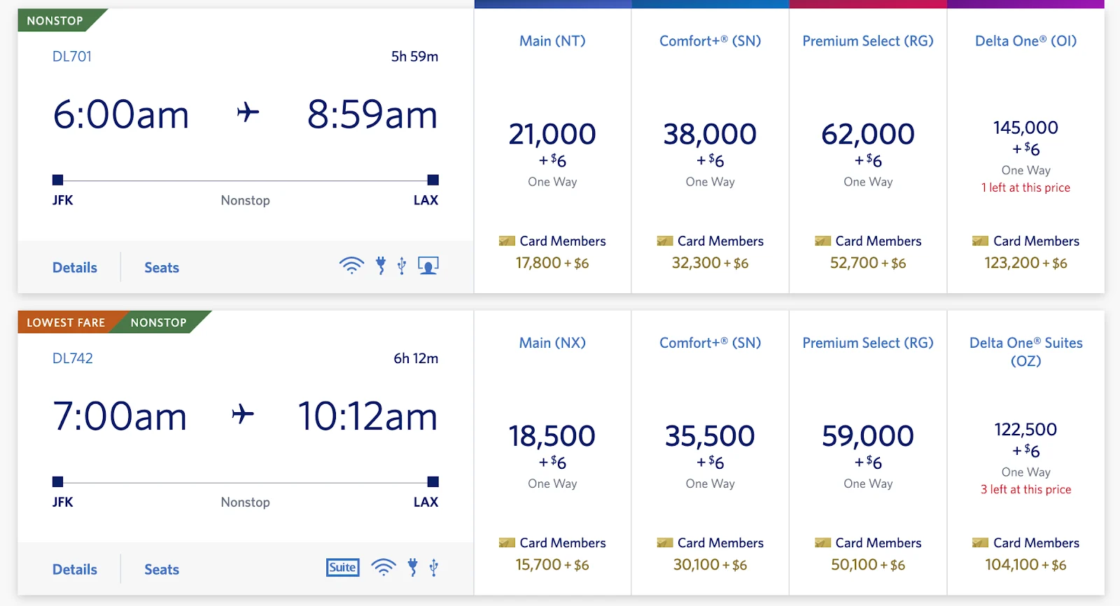 Screenshot of Delta fare classes for JFK to LAX flights, comparing Main, Comfort+, Premium Select, and Delta One pricing in miles