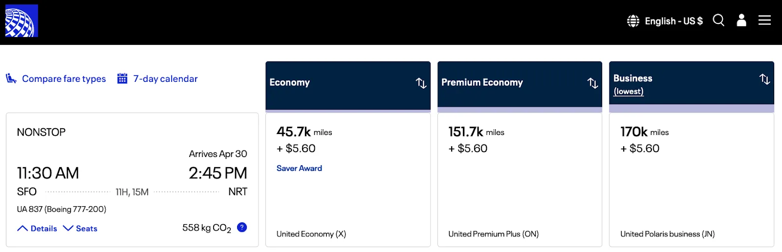 Screenshot of a United Airlines award search for San Francisco to Tokyo Narita, comparing economy, premium economy, and business class mileage prices.