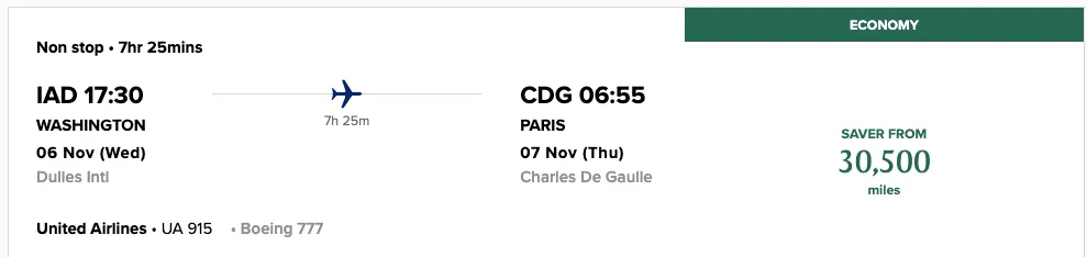 Screenshot of a United Airlines award search for a nonstop Washington Dulles to Paris flight, showing a Saver fare of 30,500 miles in economy.