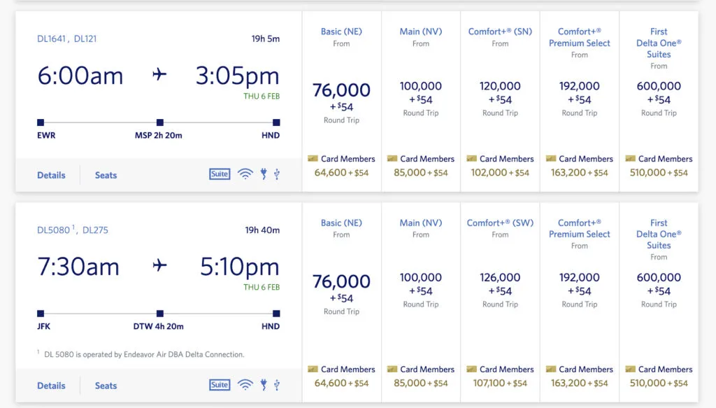 Screenshot of Delta flight search results for Newark and JFK to Tokyo Haneda, with round-trip fares from 76,000 miles in Basic Economy up to 600,000 miles in Delta One Suites