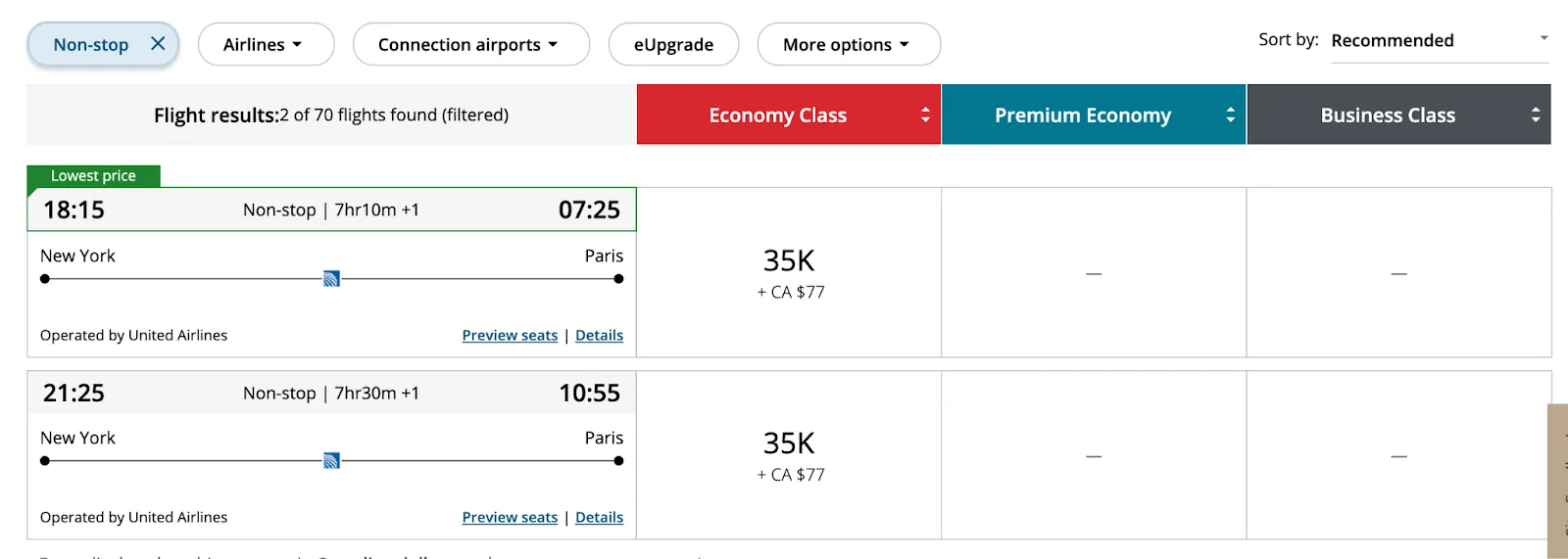 Screenshot of a United award search for a nonstop New York to Paris flight priced at 35,000 miles in Economy