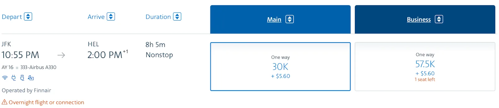 Example of screenshot business class mileage flight on AA from JFK to HEL