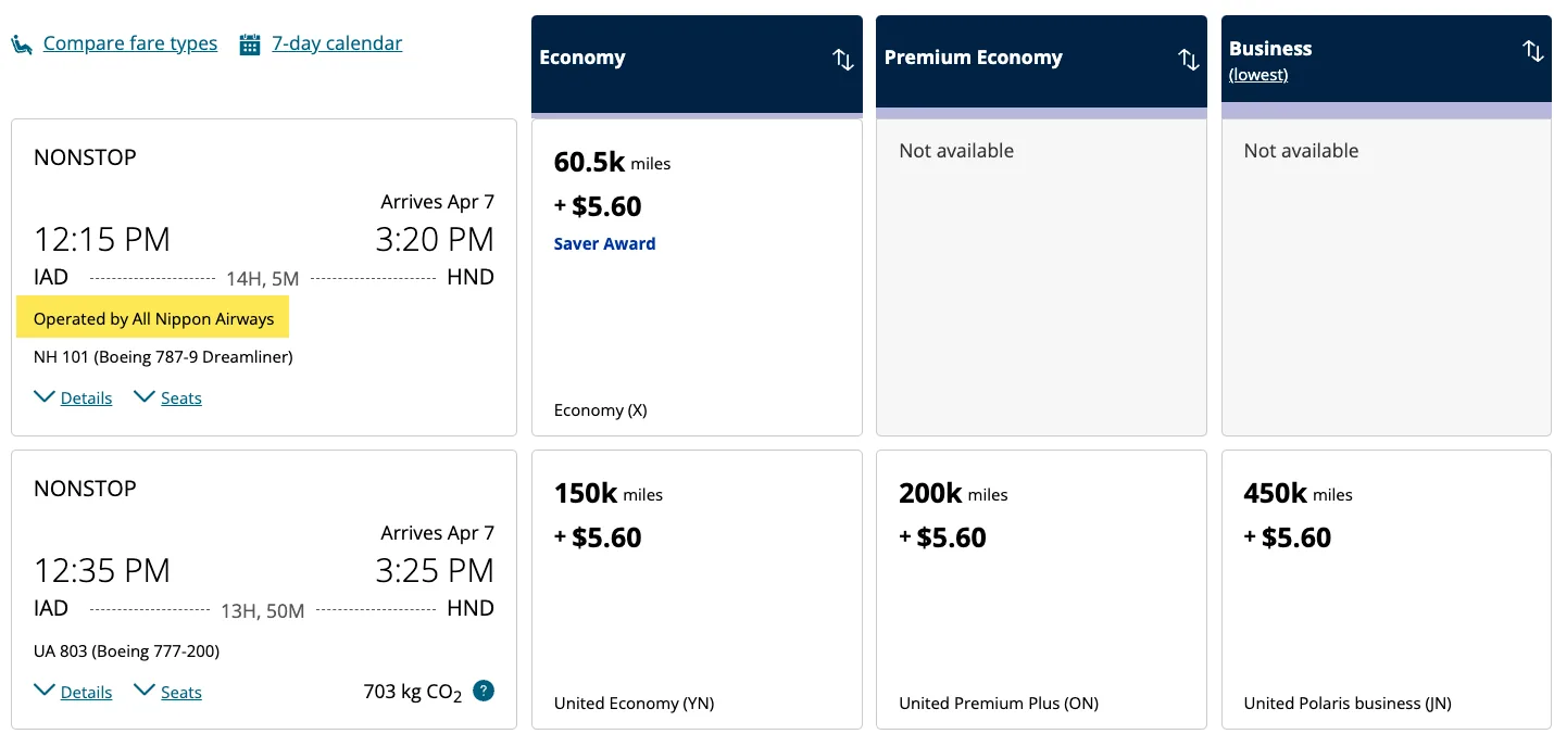 United Airlines fare comparison showing Economy, Premium Plus, and Polaris business award pricing for a nonstop Washington to Tokyo Haneda flight operated by All Nippon Airways