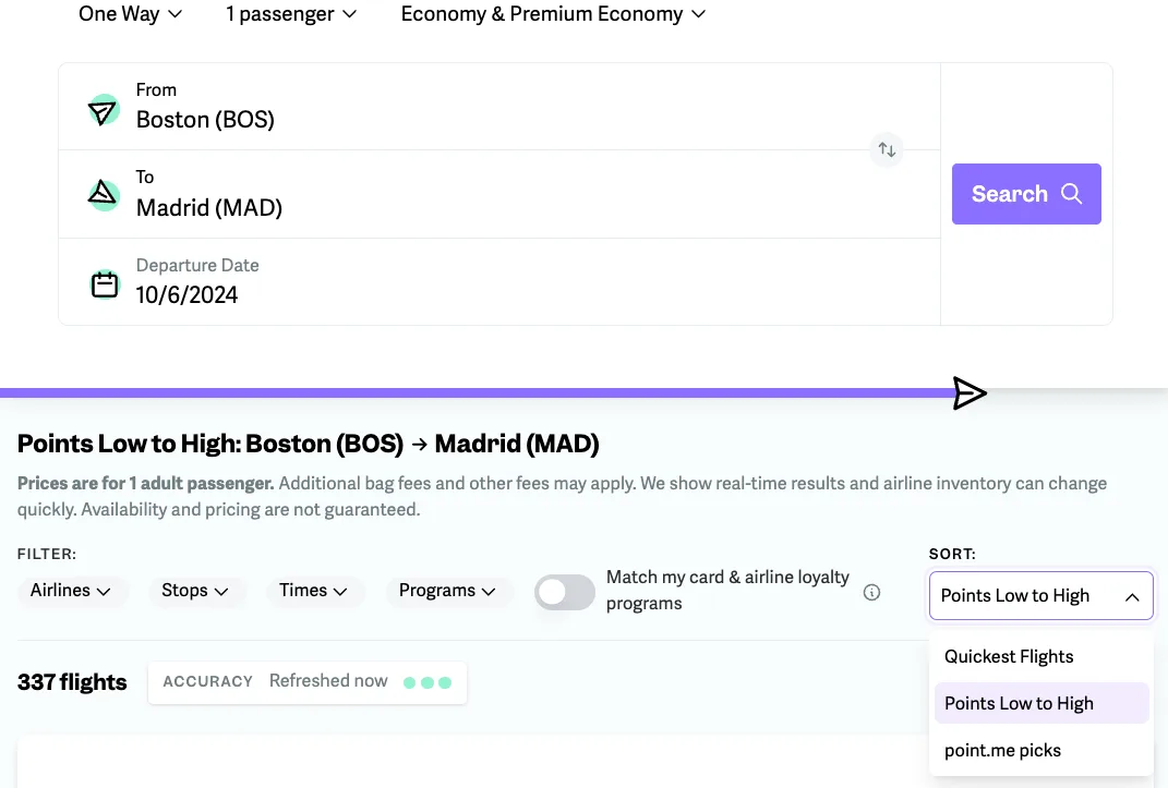 Screenshot of point.me search results for Boston to Madrid flights sorted by points low to high