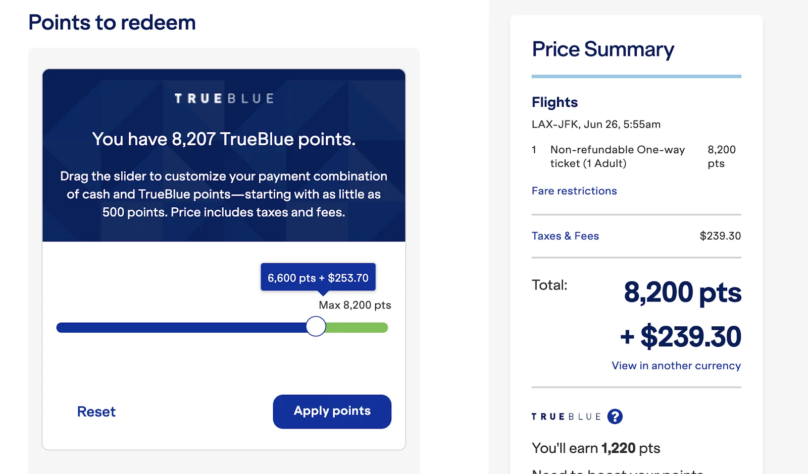 Screenshot of a JetBlue checkout screen with a slider to combine TrueBlue points and cash for a Los Angeles to New York flight.